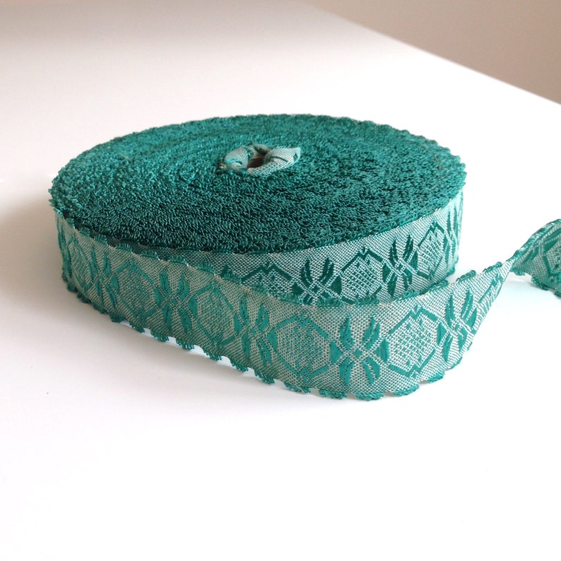 Vintage Jacquard Trim Ribbon Woven Teal Ivory Flower with Blue