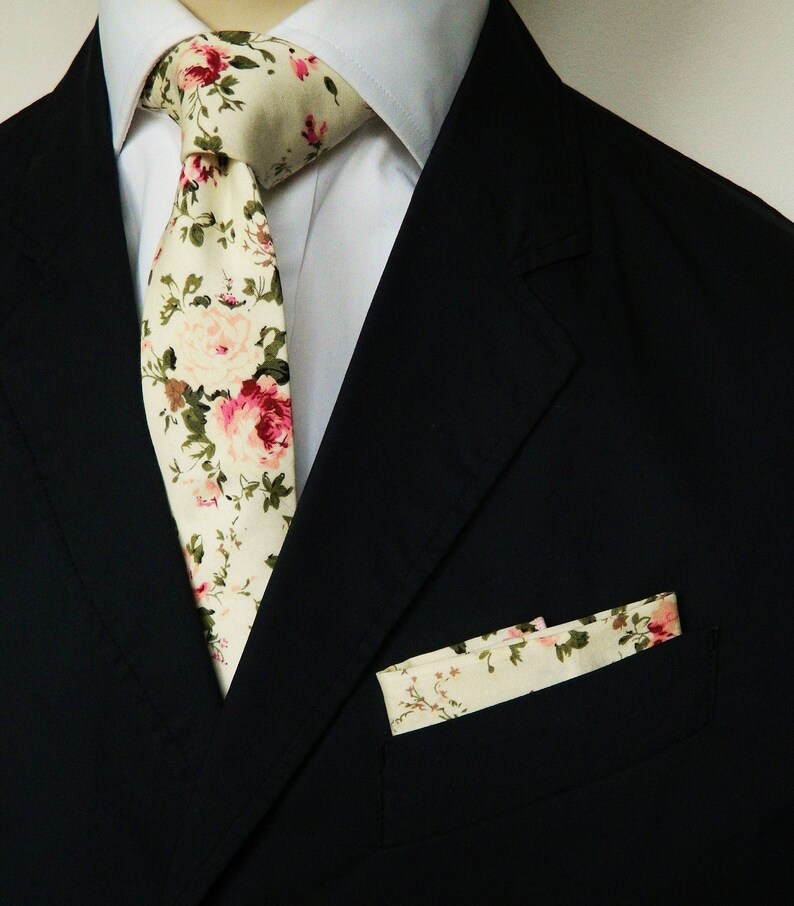 Beige ivory floral tie wedding tie gift for men ivory skinny