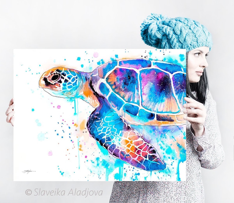 Blue Sea turtle watercolor painting print by Slaveika