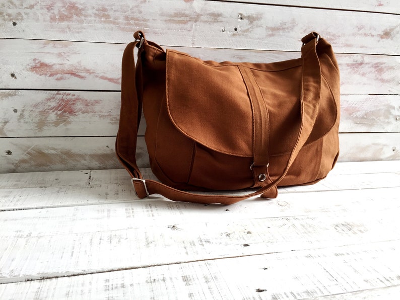 Brown Cognac canvas Messenger bag for women Canvas travel