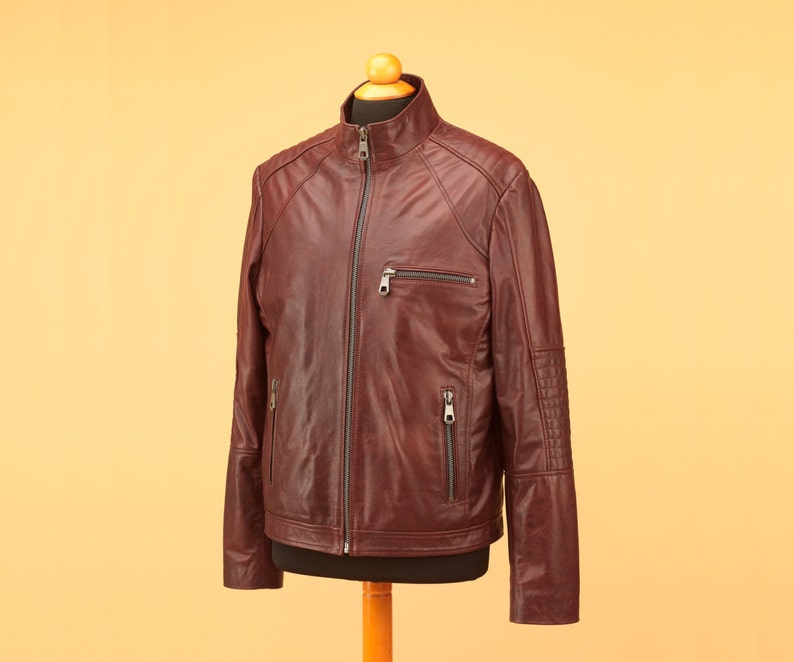Brown men leather jacket with thick zippers