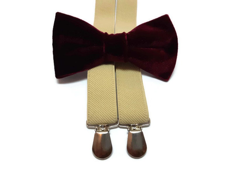 Burgundy velvet bow tie beige suspenders men groomsmen bowties