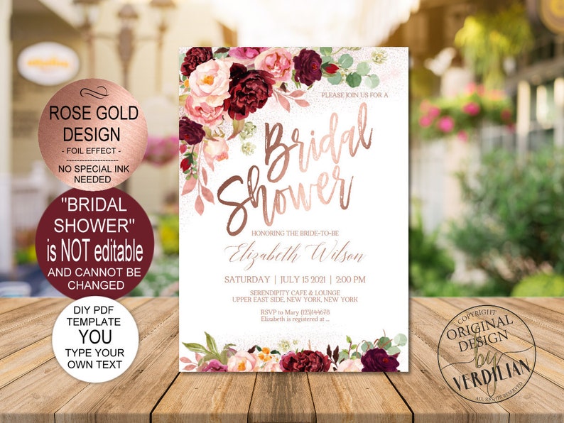 DIY Marsala Rose Gold Bridal Shower Invitation Printable