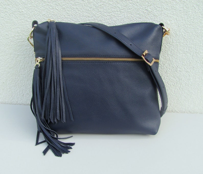 Dark blue leather bag for women Leather tassel purse Custom