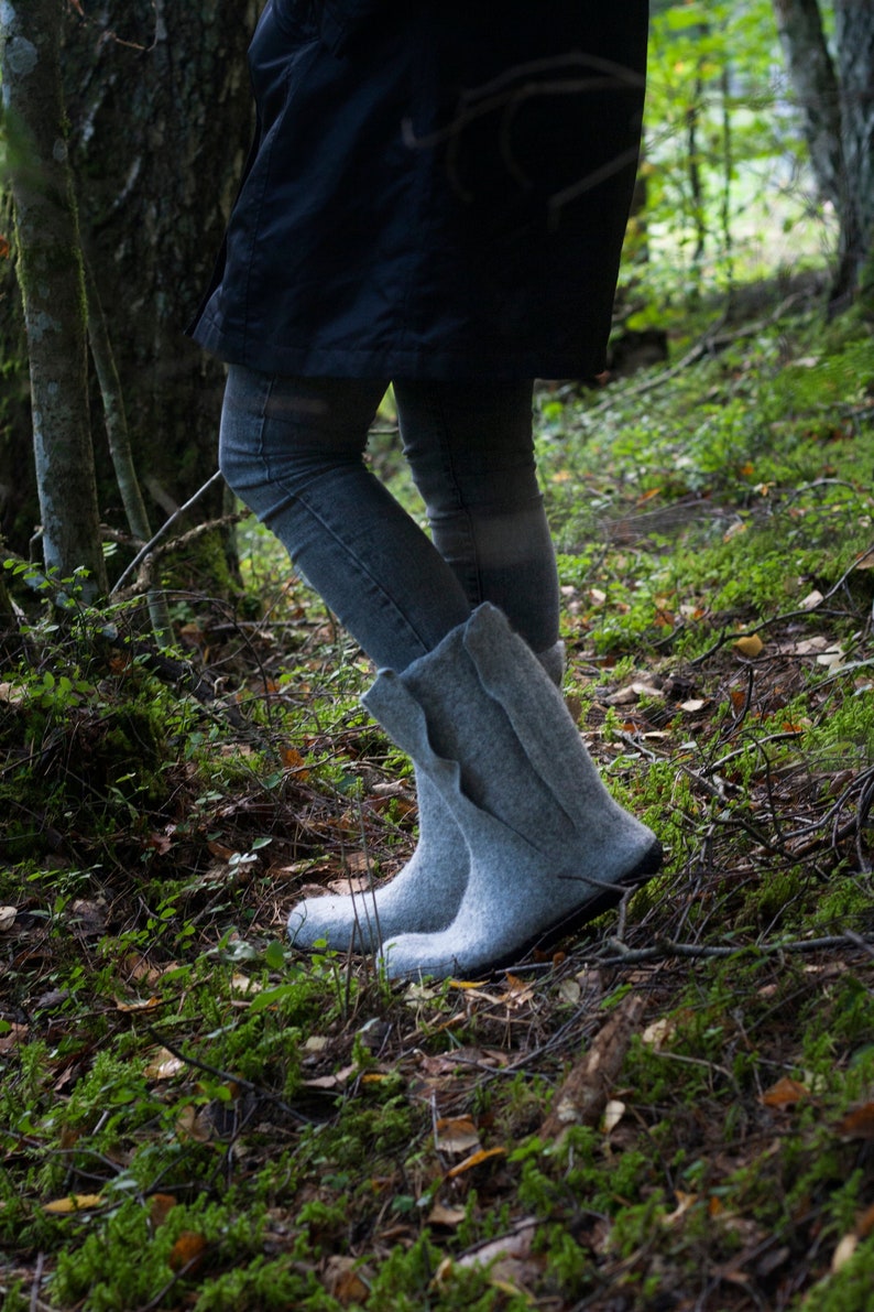 Grey felted boots for autumn and winter  boiled wool shoes