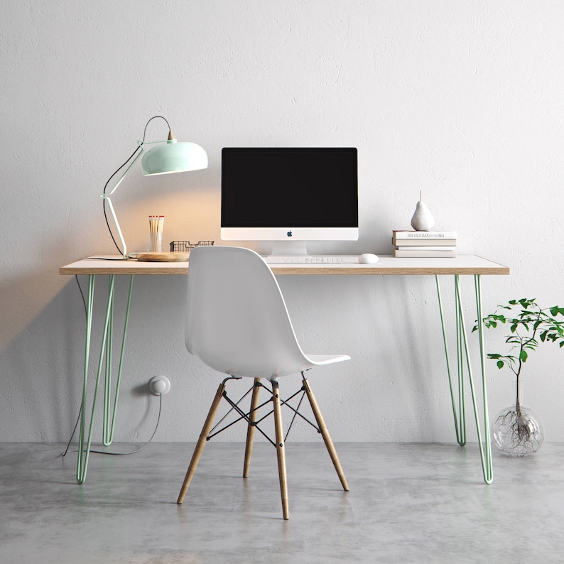 Hairpin Desk and Dining Table  White Formica Birch Plywood &