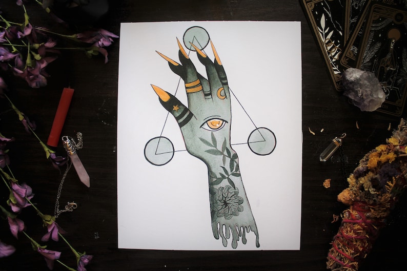 Inktober Witch Hand Black & Gold Ink Illustration Art Print