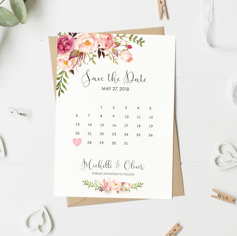 Save The Date Card Floral Calendar Save The Date