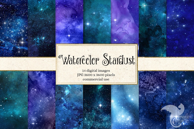 Watercolor Stardust Digital Paper Starfield Galaxy Night Sky
