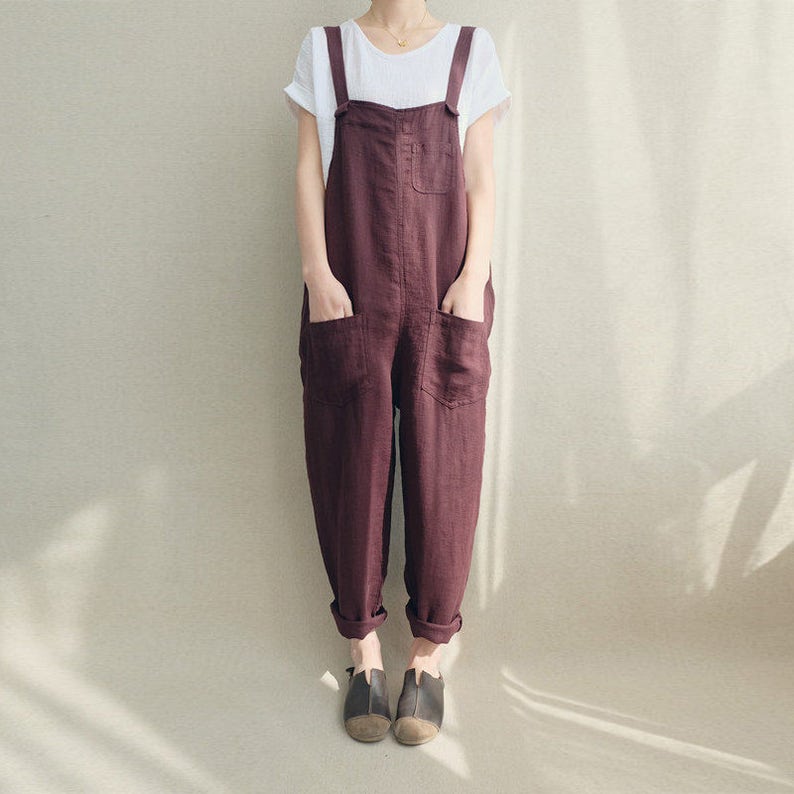 Women Casual Linen Jumpsuits Overalls Pants With Pockets