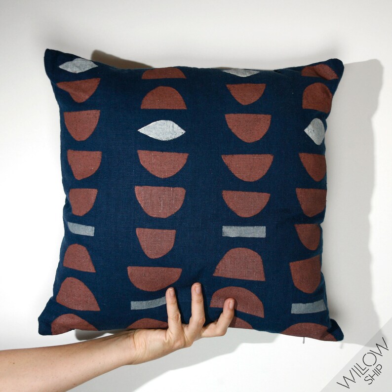 Blue & Brick Block Printed Linen Accent Pillow Cover  add the