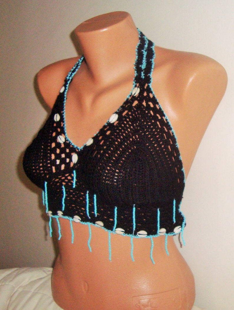 Festival clothing women crochet top black with turquoise beads