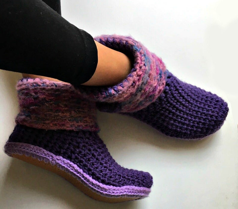 Purple Crochet Slipper Boots with faux Leather Out Soles