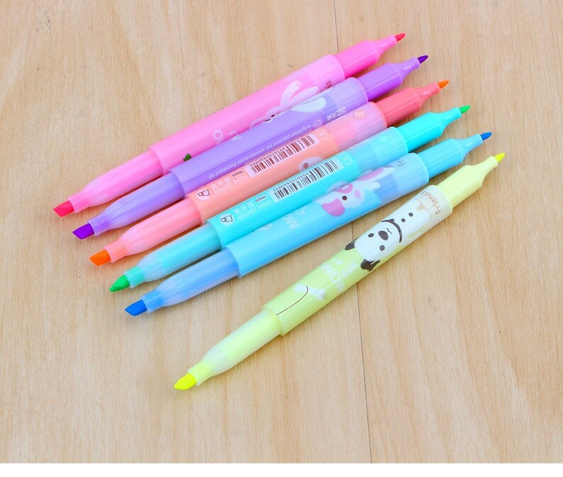 Set Of 6 Double Ended Kawaii Highlighter Pens.