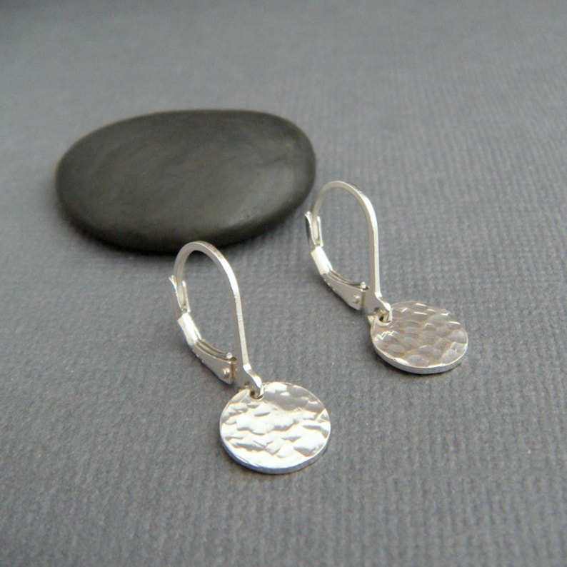Tiny sterling silver dangles hammered circle earrings petite