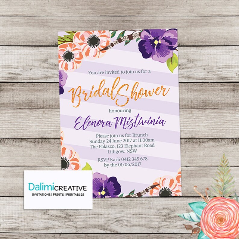 Bridal Shower Invitation  Floral Shower Invitation  Purple
