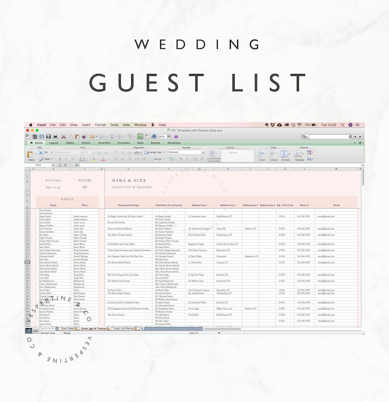 Wedding Guest List Planner and Guest List Tracker  Excel