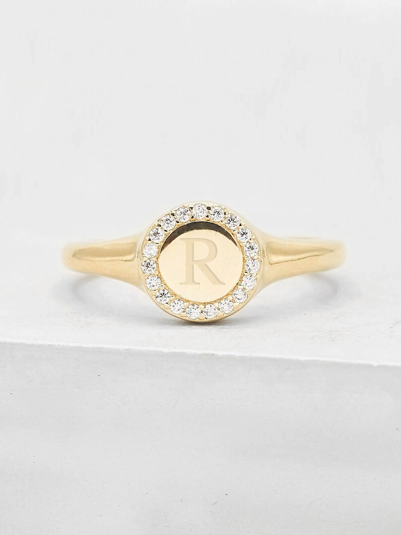 Diamond Signet Ring  Gold  Engraved Ring  Monogram Signet