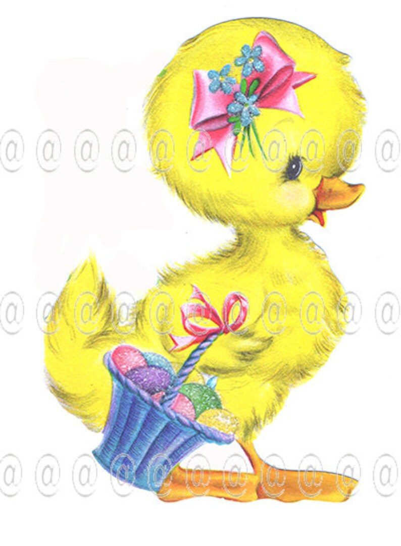 Digital download vintage Easter card duck duckling bow