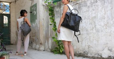 Leather rucksack for women with pockets oiled gray leather