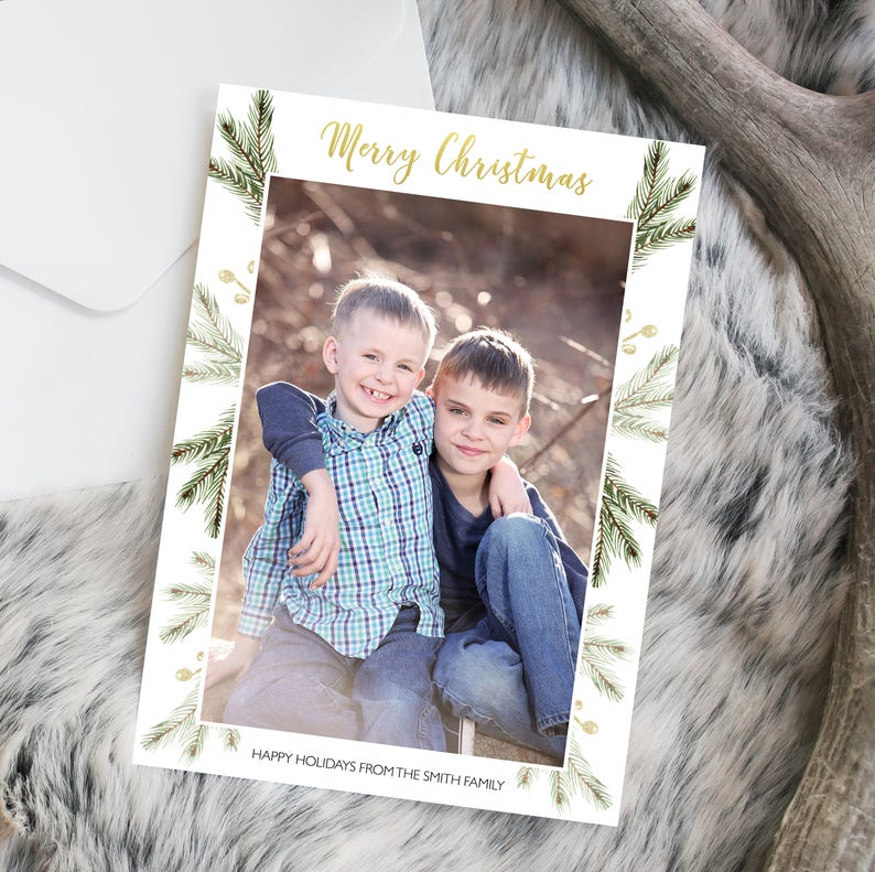 Photo Christmas Card Gold White Green Pine Modern