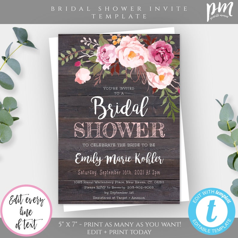 Rustic Floral Bridal Shower Invitation Template Pink Floral
