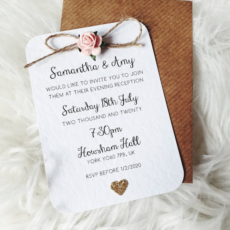 Rustic Rose and Gold Heart Small Evening Invitation  Twine