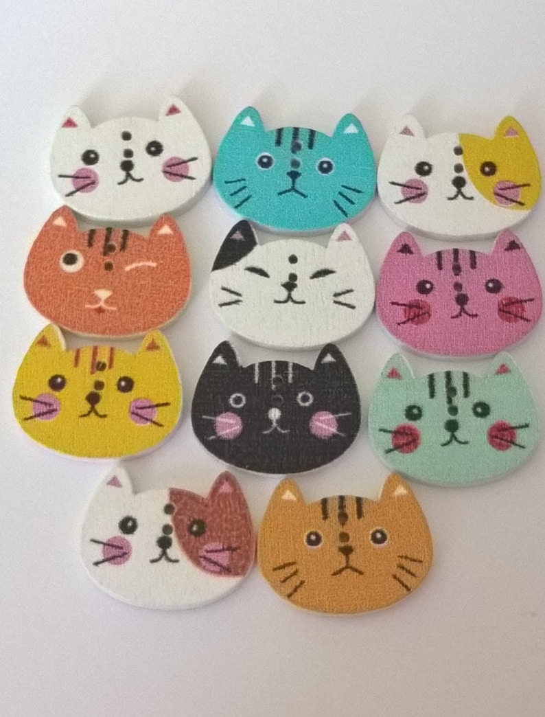 Set Of 20 Cat Wooden Painted Buttons