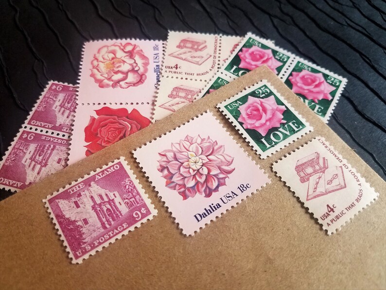 Vintage Postage Stamps  .. Pink .. LOVE .. UNused .. post 5