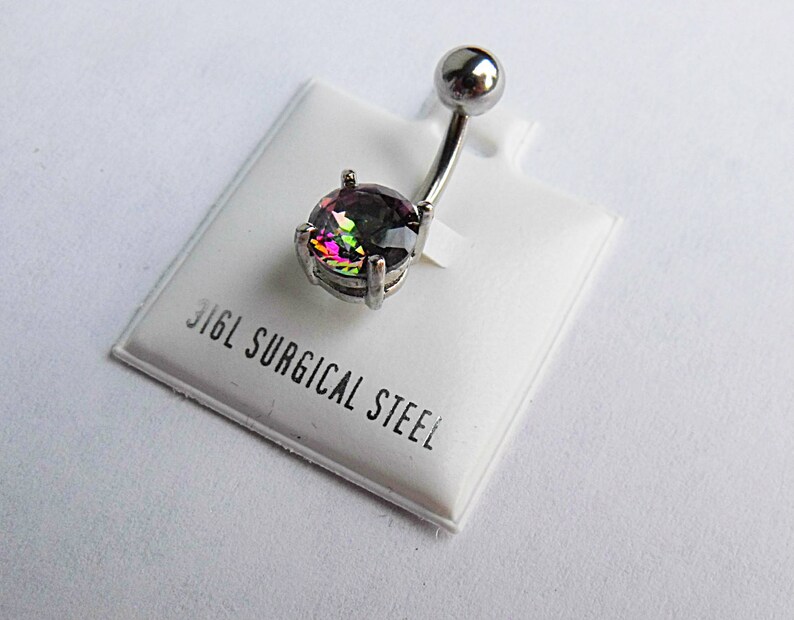 Belly Ring Semi Precious Mystic Quartz Stone in a Surgical