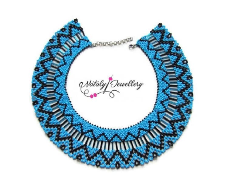 Blue black seed bead necklace Modern native american necklace