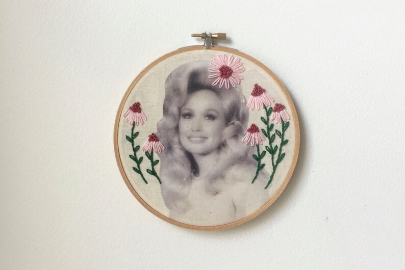 Embroidered Dolly Parton Hoop Pink Daisies