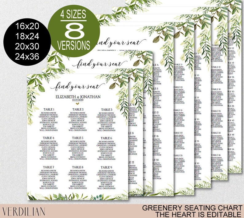 DIY Green Wedding Seating Chart Template Greenery Wedding