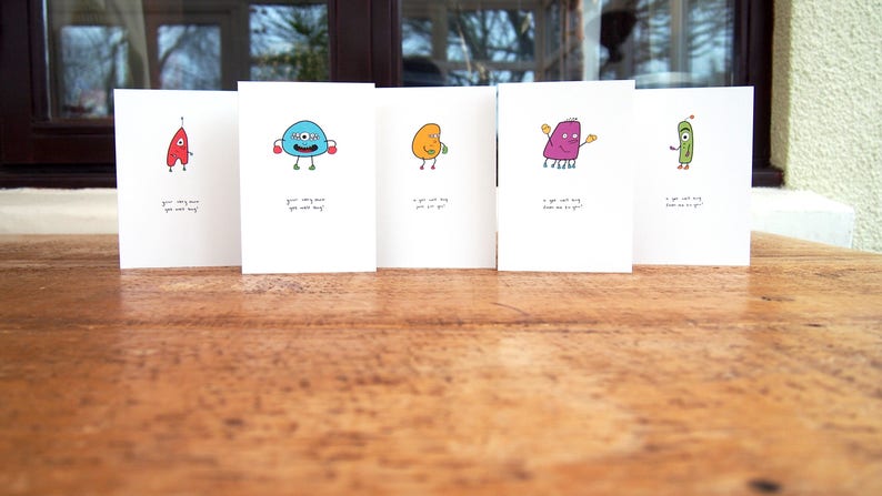 Get Well Cards Pack of Five // 5 Cute Get Well Bug Greetings