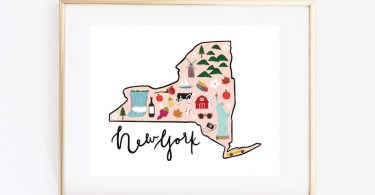 Illustrated New York State Art Print Cute New York Map Print