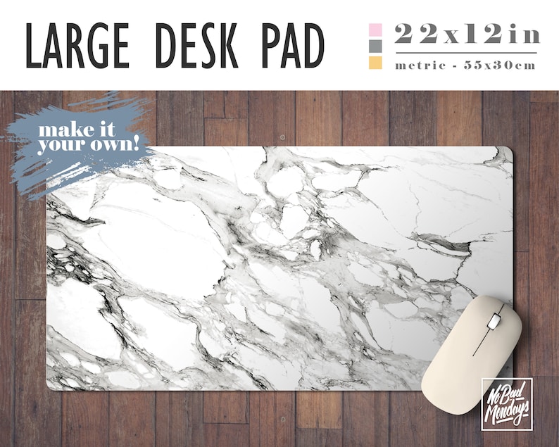 White Marble Print Desk Mat with Available Custom Monogram  2