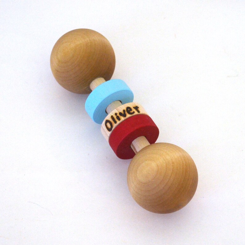 Personalized Wooden Baby Rattle Pick Any 2 Colors Waldorf