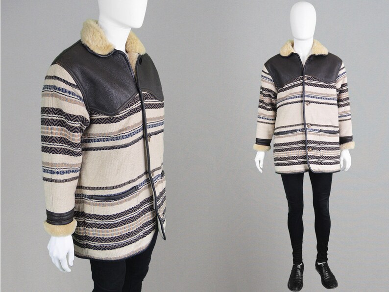 Vintage 80s Mens Shearling Coat Woven Tapestry Coat Real