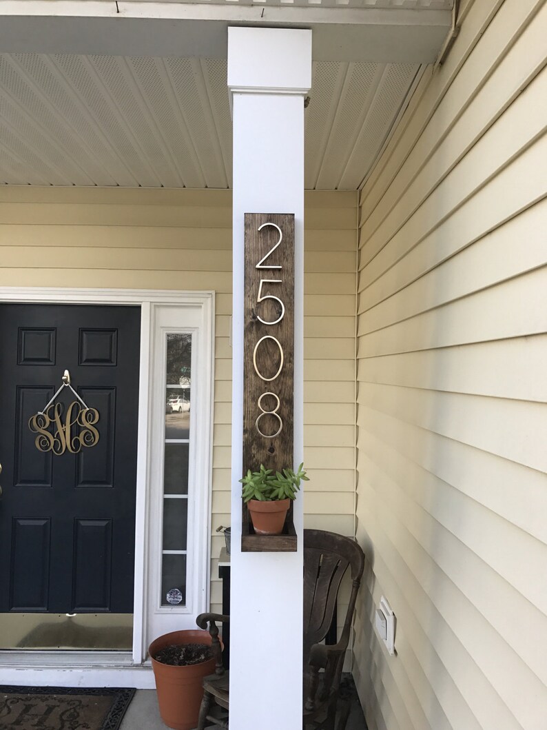 Address Plaque Sign with Planter Shelf  Rustic Modern Wood &
