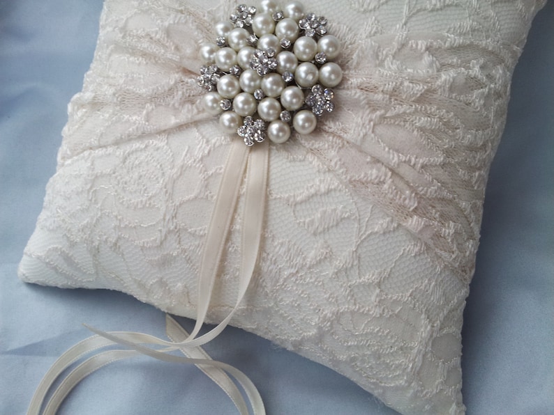 Ivory Ring Bearer Pillow Lace Ring Pillow Pearl Rhinestone