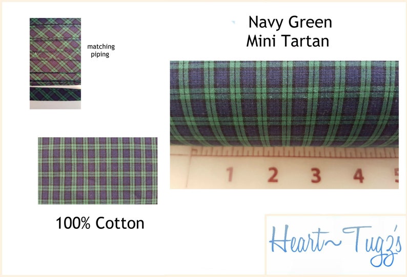 Navy Green Mini Tartan Plaid 58W 100% Cotton Fabric or Piping