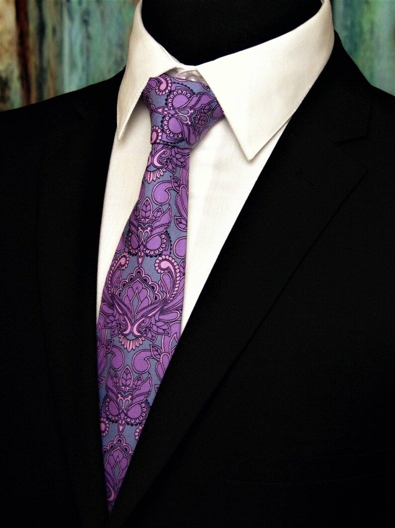 Purple Paisley Tie  Cotton Owl Neck Tie for Men in Purple and