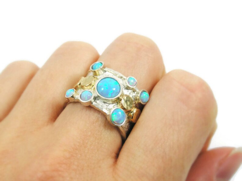 Sterling silver 14k gold opal ring. Unique opal ring. Sterling