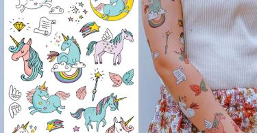 Unicorn party kid temporary tattoos. Big tattoo set of 9 magic