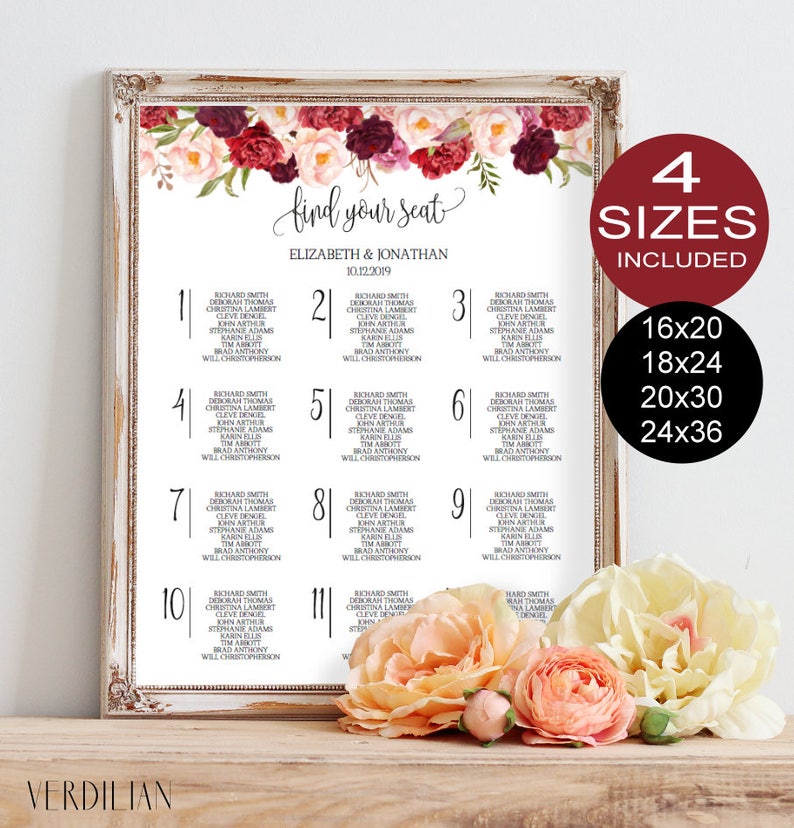 Wedding Seating Chart Template Floral Burgundy Peonies