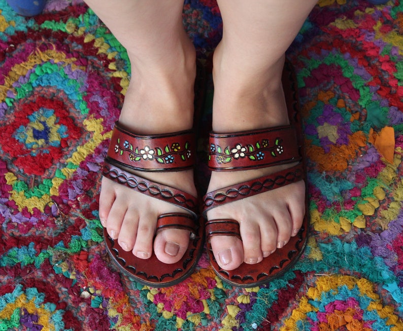 Brown Leather Sandals Woman Mexican Shoes Vintage Style