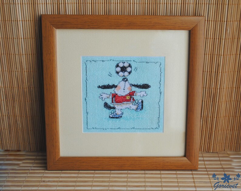 Framed Embroidery Dog cross stitch picture Animal soccer decor