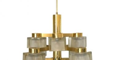 Large Gaetano Sciolari 13 Frosted Cube Brass Chandelier