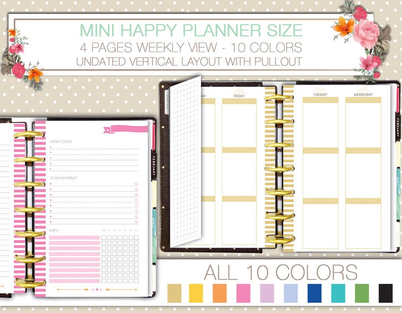 Mini happy planner printable undated weekly planner on 4 pages