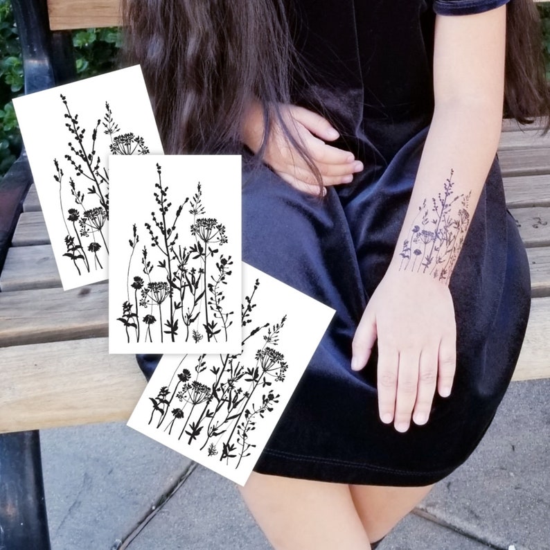 Set of 3 temporary tattoos Wild herbs. Classic black ink
